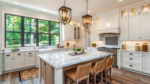 Classic kitchen with creamy white cabinets  marble island  and black-framed windows overlooking greenery.