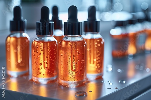 A row of clear glass bottles holds natural extracts, embodying health and beauty photo