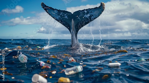 A majestic whale tail breaching the ocean surface, surrounded by floating plastic waste, urging action to protect marine life. photo