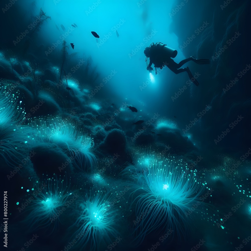 Fototapeta premium Scuba diving in dark cave with glowing lights. 3D rendering generated by ai