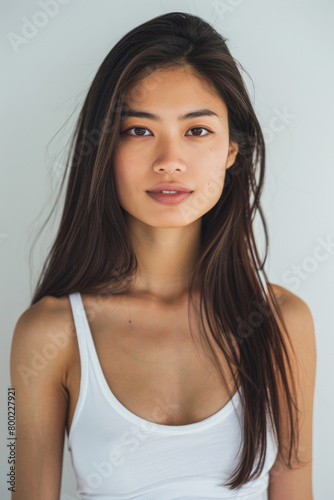 A beautiful Asian woman with long straight hair  white tank top  and beige background is shown in a side face closeup for a skin care advertising shoot for the Korean beauty brand