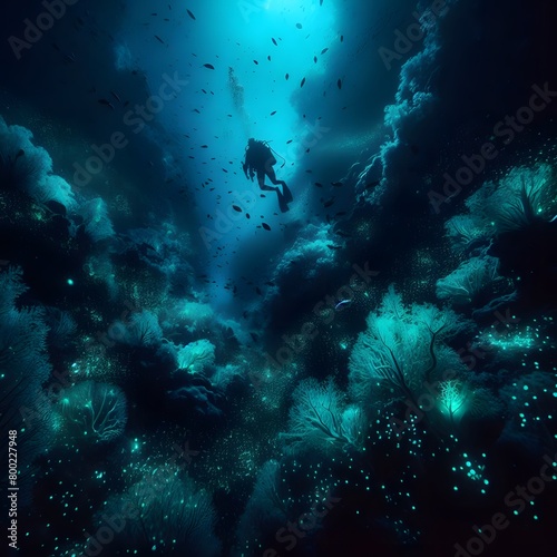 Wallpaper Mural Scuba diving in dark cave with glowing lights. 3D rendering generated by ai Torontodigital.ca
