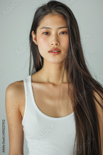 A beautiful Asian woman with long straight hair, white tank top, and beige background is shown in a side face closeup for a skin care advertising shoot for the Korean beauty brand