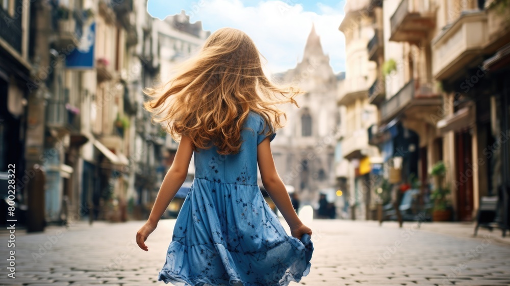 little girl in blue dress walk on street in city
