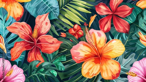 Tropical flowers pattern  watercolor style  bright and bold hues  closeup perspective