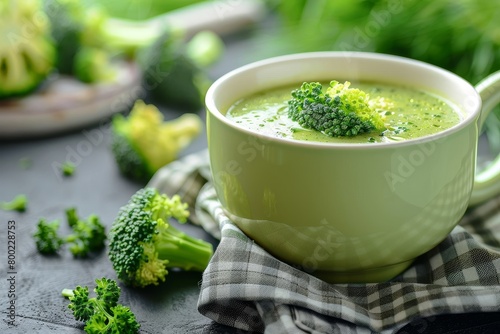 Delicious broccoli soup served in tureen on table photo