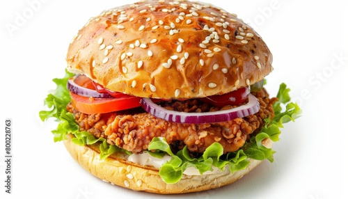 Delicious chicken burger on white background from above