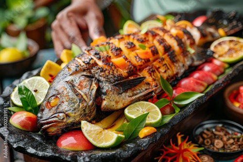 Delicious grilled tilapia with fruit a popular dish in Malaysia or Indonesia photo