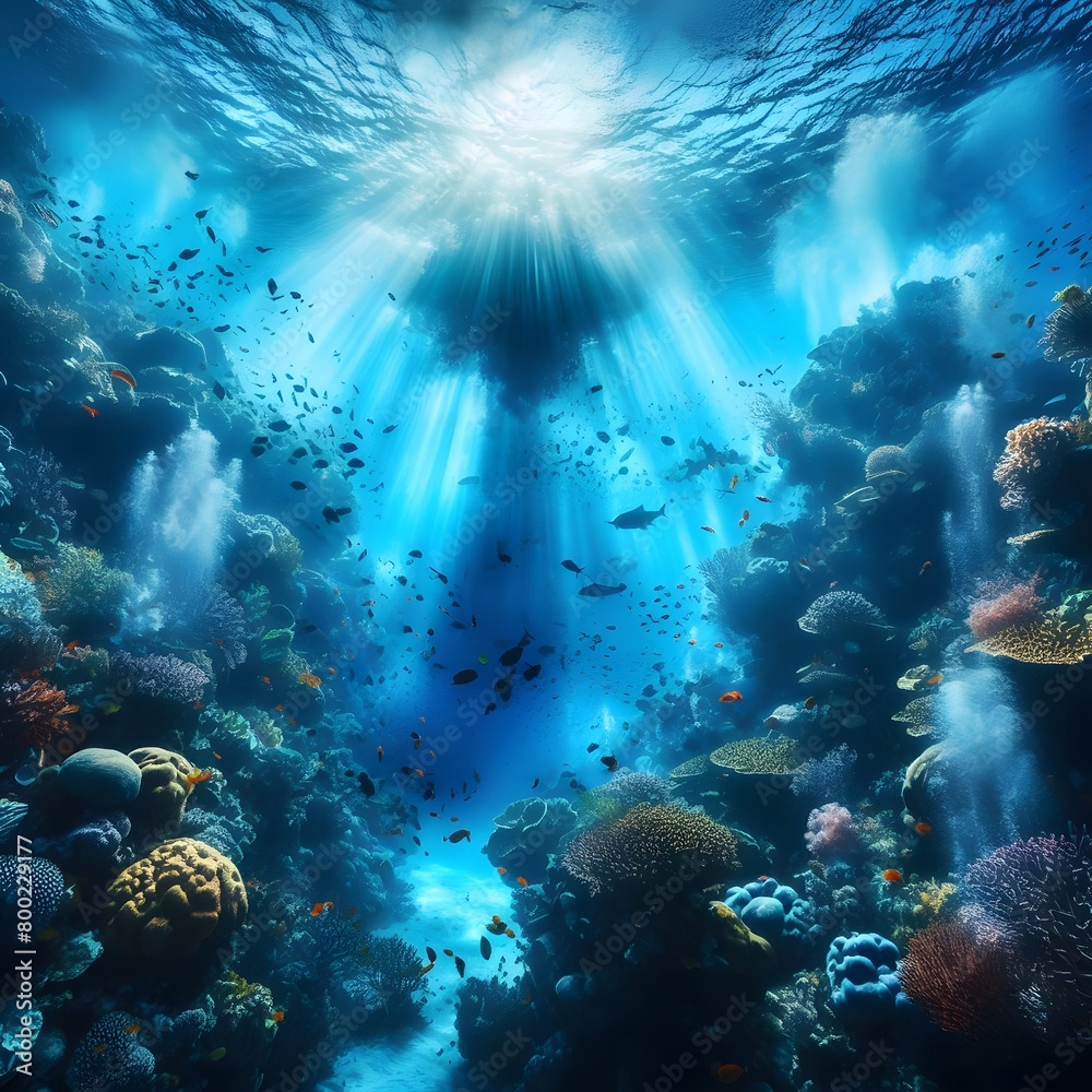 Fototapeta premium Underwater scene with fish, corals and rays of light generated by ai