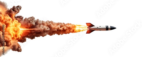  A missile rocket with fire trail isolated on white background.  photo