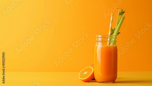 Detoxifying organic vegetable smoothie in a jar on a yellow background symbolizing summer and promoting a healthy alkaline diet