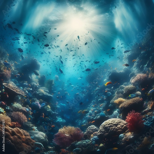 Underwater scene with fish, corals and rays of light generated by ai © Sharmin18april