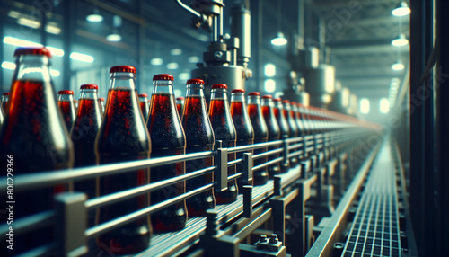 Soft drink production factory Bottles are on the conveyor.