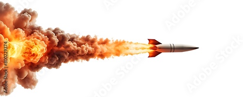  A missile rocket with fire trail isolated on white background.  photo