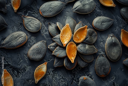 Dried pumpkin seeds on black surface some peeled some unpeeled Market available photo