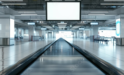 Empty luggage conveyor belt with blank screen in modern airport arrival zone photo