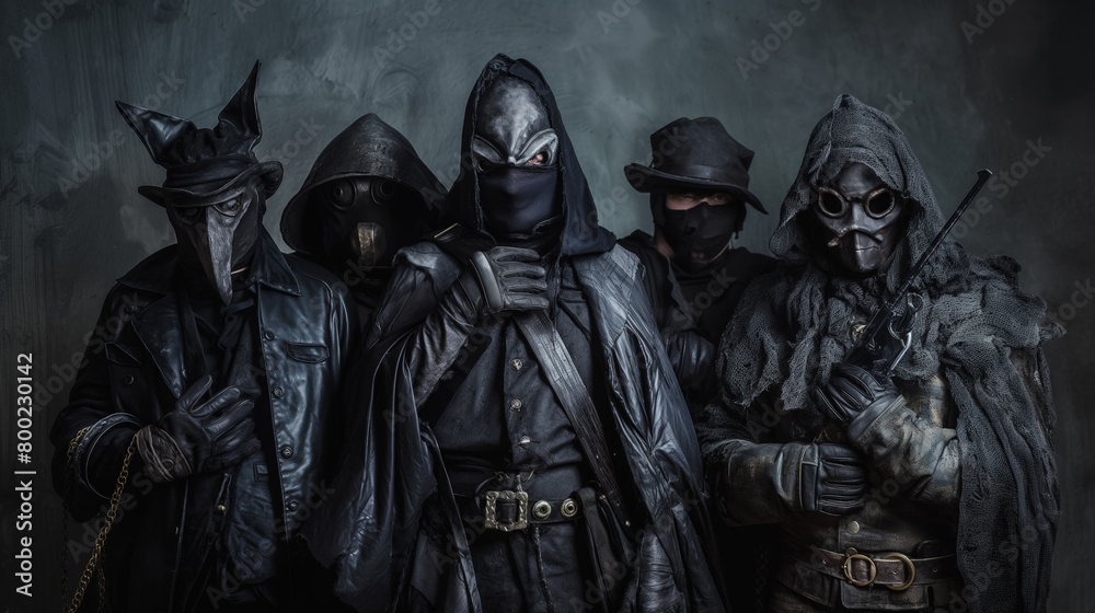 Group of individuals in dark, mysterious cloaks and hoods, standing together like a secretive brotherhood. Group of individuals in dark, mysterious cloaks and hoods, standing together like a secretive brotherhood.