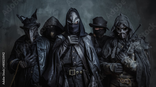 Group of individuals in dark, mysterious cloaks and hoods, standing together like a secretive brotherhood.