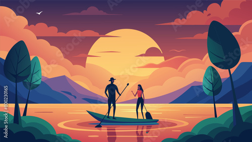 As the sun rose over the horizon a couple paddled out to a secluded spot using their morning paddleboarding routine as a chance to communicate and. Vector illustration