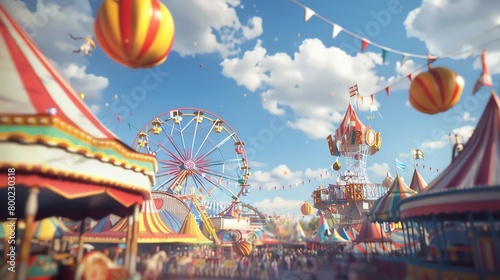 An oldfashioned Independence Day fair, ferris wheel in background, 3D clipart, highangle perspective photo