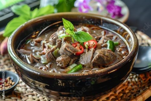 Famous Thai rice noodle soup with pork blood known as Boat Noodle soup from Thailand photo