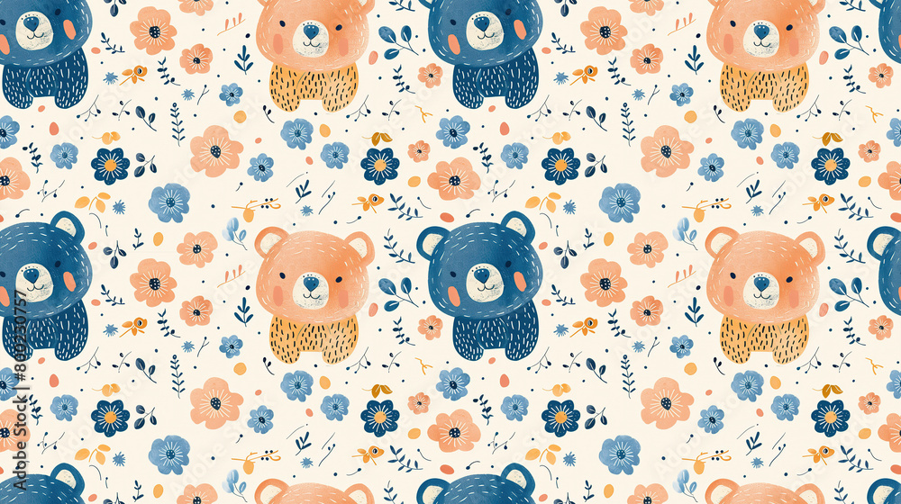 baby animal cute bear cup with flower blossom, seamless pattern nursery design cartoon style illustration with grungy texture, Generative Ai baby animal cute bear cup with flower blossom, seamless pattern nursery design cartoon style illustration with grungy texture, Generative Ai