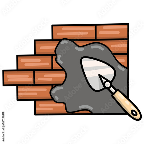 The trowel has a wooden handle and steel blade, and is placed on a backdrop of bricks laid out with visible mortar lines. relevant regarding construction, masonry work, or home improvement projects