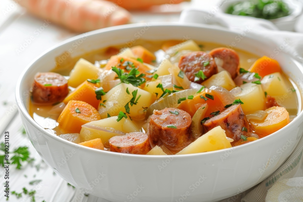 Finnish sausage soup with vegetables in a white bowl on a table close up Finnish sausage soup with vegetables in a white bowl on a table close up