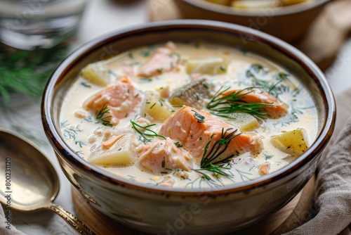 Finnish salmon soup with cream and potatoes
