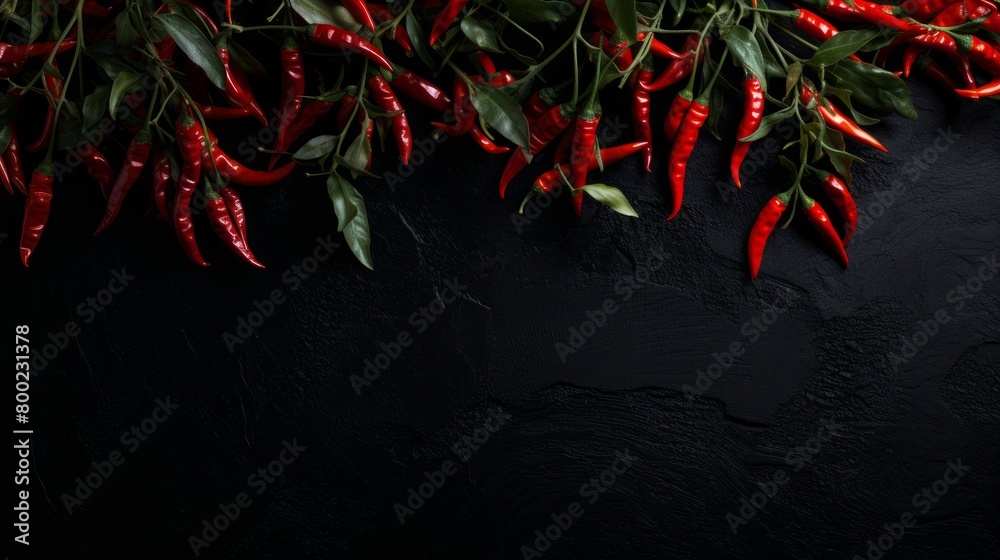 Food photography background - Closeup of ripe red chili peppers branch, on dark black table. Food photography background - Closeup of ripe red chili peppers branch, on dark black table.