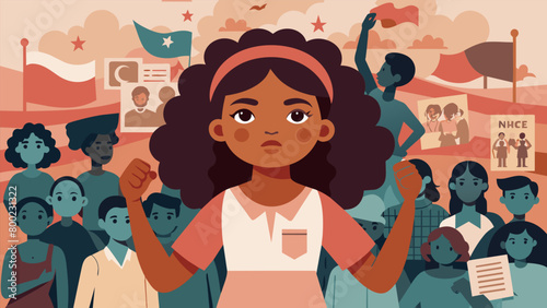 A young girl stands in front of a mural filled with images of historic civil rights movements passionately arguing for the continued fight for freedom. Vector illustration