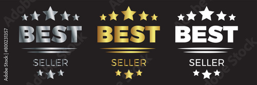 Best seller sticker label set with gold medal and red ribbon isolated fit for mark best seller product label. Vector premium quality gold emblems with stars, crowns and metal look. 11:11