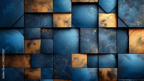 Exclusive Blue and Gold Geometric Artwork with Selective Lighting