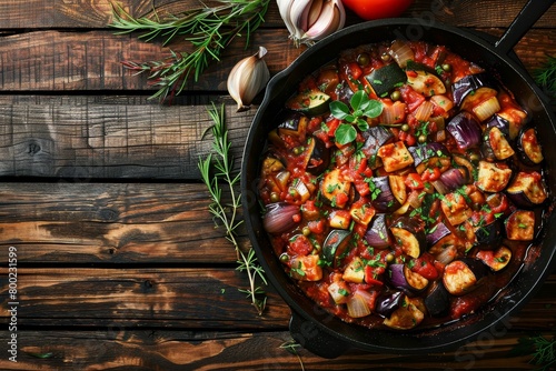 Flat lay view of vegetable stew with eggplant onion zucchini tomato sauce garlic and herbs on wooden table with landscape close up shot photo