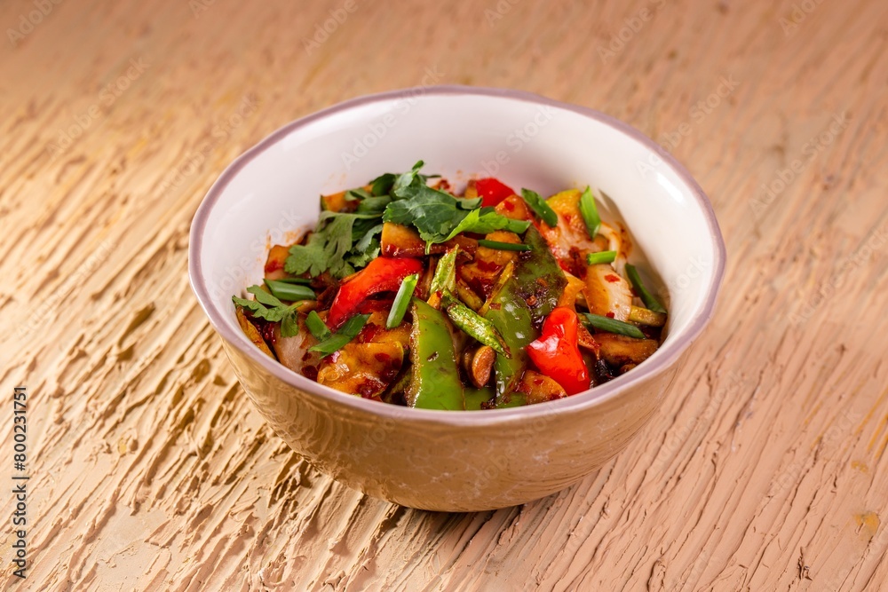 Stir-Fried Vegetable and Meat Bowl on Wooden Table