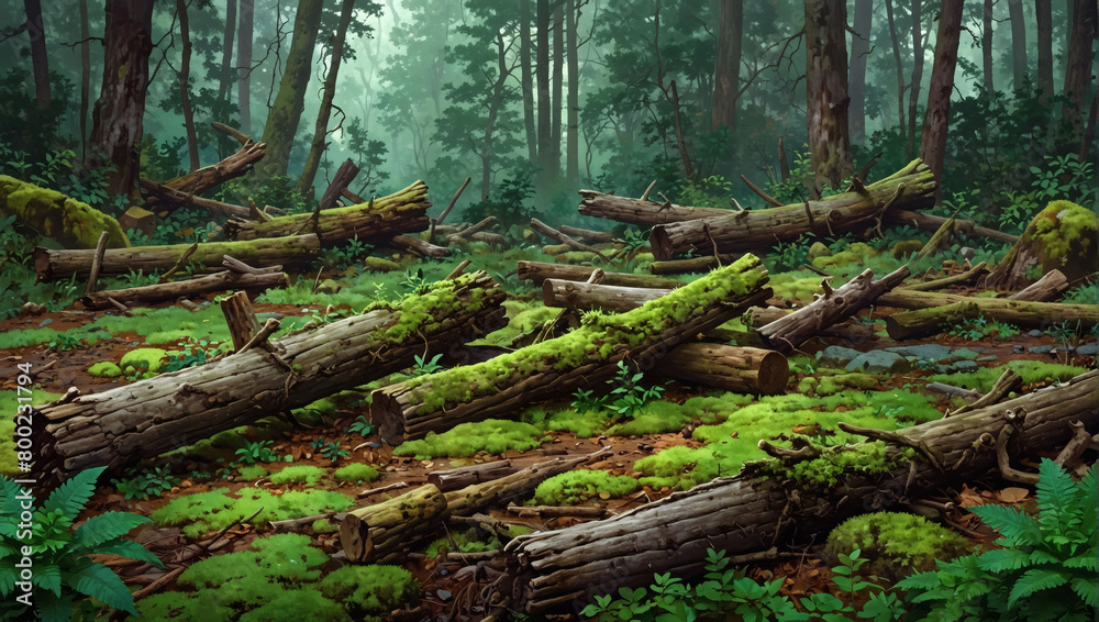 Mossy forest floor with fallen logs and ferns. Mossy forest floor with fallen logs and ferns.