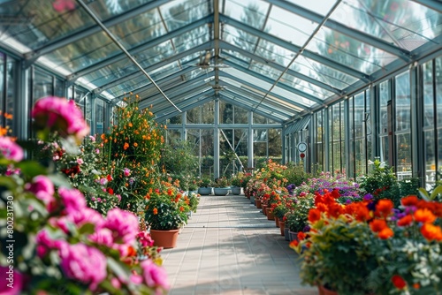 Floral greenhouse with flowers in pots