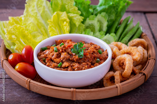 Spicy minced pork and tomato dip (Nam Prik Aong), Northern thai food .