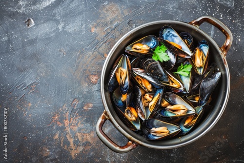 French Corsican mussel stew presented in a pot with mussels on top and empty space photo