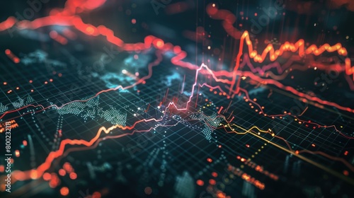 Virtual stock market lines and financial charts over dark background. Digital screen