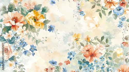 English garden flowers, watercolor illustration, gentle colors, scattered arrangement, overhead view