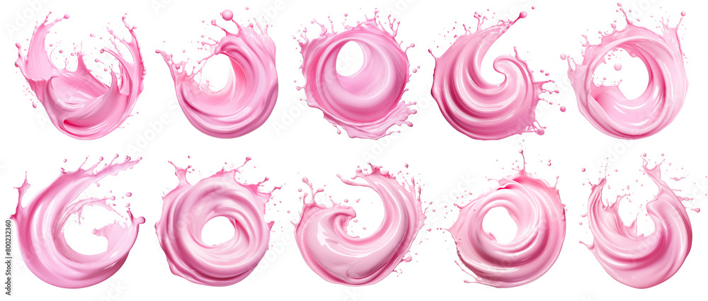 Naklejka premium Set of splashes of pink milky liquids similar to smoothie, yogurt or cream, cut out
