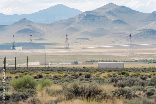 Area 51 Military Base From a Distant Vantage Point, With Surveillance Towers And Hangars Visible in The Distance, Generative AI photo