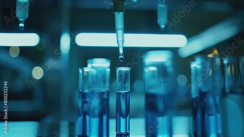 Pipette dripping fluid liquid light blue into chemical tube in laboratory test. Generated AI image