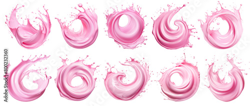 Set of splashes of pink milky liquids similar to smoothie, yogurt or cream, cut out photo