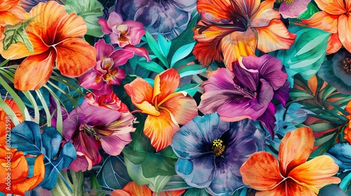 Exotic floral pattern, watercolor painting, vivid colors, tightly clustered, from above