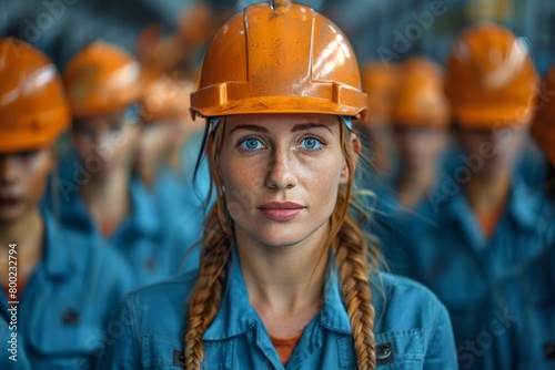 A female engineer stands in focus against a backdrop of multiple workers in blue with hard hats, emphasizing leadership