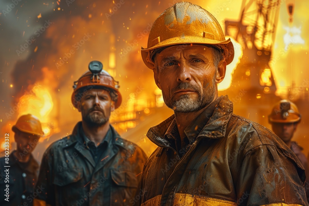 An oil worker with protective gear stands solemnly against the backdrop of a fiery industrial scene with colleagues An oil worker with protective gear stands solemnly against the backdrop of a fiery industrial scene with colleagues