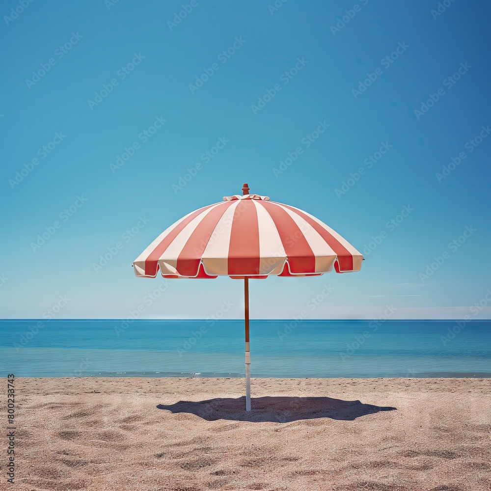 Brightly striped beach umbrella standing alone on a quiet beach, a bold contrast to the expansive blue sky above Brightly striped beach umbrella standing alone on a quiet beach, a bold contrast to the expansive blue sky above