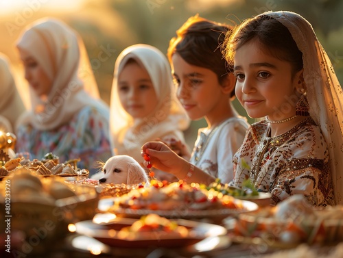 A family gathers around a festive table decorated with traditional Eid-al-Adha dishes